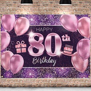 pakboom happy 80th birthday banner backdrop – 80 birthday party decorations supplies for women – pink purple gold 4 x 6ft
