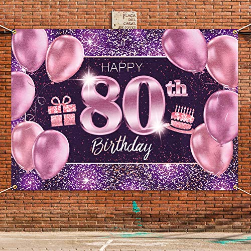 PAKBOOM Happy 80th Birthday Banner Backdrop - 80 Birthday Party Decorations Supplies for Women - Pink Purple Gold 4 x 6ft
