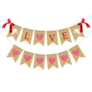 jozon love burlap banner and pink plaid heart burlap banner valentine’s day bunting banner garland with cupid signs and bows valentines day party decorations for wedding anniversary mother‘s day