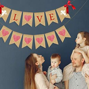 JOZON Love Burlap Banner and Pink Plaid Heart Burlap Banner Valentine's Day Bunting Banner Garland with Cupid Signs and Bows Valentines Day Party Decorations for Wedding Anniversary Mother‘s Day