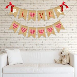 JOZON Love Burlap Banner and Pink Plaid Heart Burlap Banner Valentine's Day Bunting Banner Garland with Cupid Signs and Bows Valentines Day Party Decorations for Wedding Anniversary Mother‘s Day