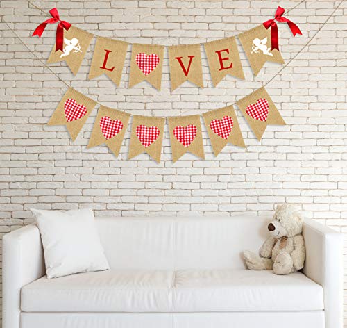 JOZON Love Burlap Banner and Pink Plaid Heart Burlap Banner Valentine's Day Bunting Banner Garland with Cupid Signs and Bows Valentines Day Party Decorations for Wedding Anniversary Mother‘s Day