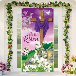 happy easter day decorations easter door cover easter religious door cover he is risen door cover large fabric easter cross door cover background for jesus spring easter party decor 70.87 x 35.43 inch