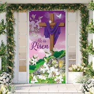 Happy Easter Day Decorations Easter Door Cover Easter Religious Door Cover He Is Risen Door Cover Large Fabric Easter Cross Door Cover Background for Jesus Spring Easter Party Decor 70.87 x 35.43 Inch