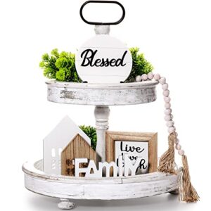 Yalikop 9 Pieces Farmhouse Decor for Tiered Tray, Rustic Wooden Mini Sign Farmhouse Table Centerpieces with Artificial Plant, String Light, Plastic Stand for Kitchen Table Decor, Housewarming Gift