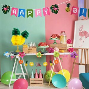 THAWAY Hawaiian Flamingo Pineapple Decor Luau Party Supplies Birthday Decorations includes Birthday Banner, Artificial Tropical Palm Leaves, Hibiscus Flowers, Tissue Paper Pineapples, Party Balloons