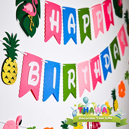 THAWAY Hawaiian Flamingo Pineapple Decor Luau Party Supplies Birthday Decorations includes Birthday Banner, Artificial Tropical Palm Leaves, Hibiscus Flowers, Tissue Paper Pineapples, Party Balloons