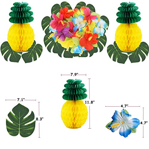 THAWAY Hawaiian Flamingo Pineapple Decor Luau Party Supplies Birthday Decorations includes Birthday Banner, Artificial Tropical Palm Leaves, Hibiscus Flowers, Tissue Paper Pineapples, Party Balloons