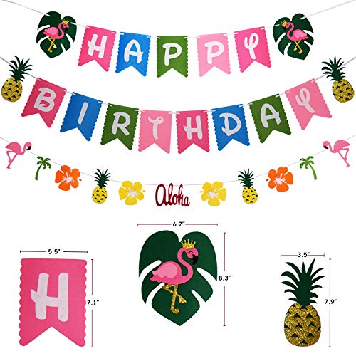 THAWAY Hawaiian Flamingo Pineapple Decor Luau Party Supplies Birthday Decorations includes Birthday Banner, Artificial Tropical Palm Leaves, Hibiscus Flowers, Tissue Paper Pineapples, Party Balloons