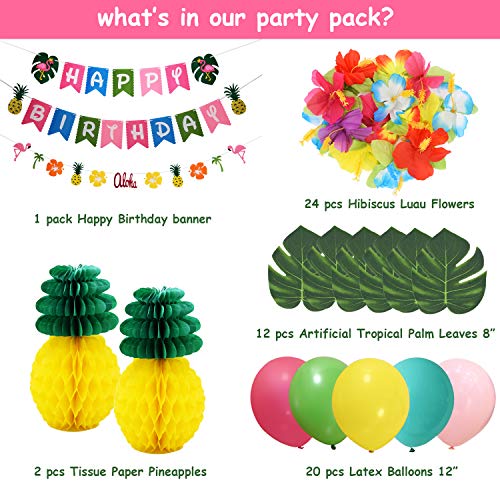 THAWAY Hawaiian Flamingo Pineapple Decor Luau Party Supplies Birthday Decorations includes Birthday Banner, Artificial Tropical Palm Leaves, Hibiscus Flowers, Tissue Paper Pineapples, Party Balloons