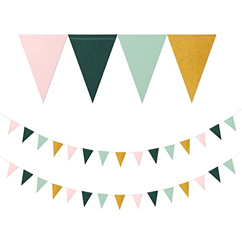 Sage Green Pink Gold Pennant Banner,2 Pack Glitter Paper Triangle Flags,Baby Bridal Shower Safari Birthday Tropical Party Decorations Jungle Theme Wedding Bachelorette Engagement Bunting Lasting Surprise