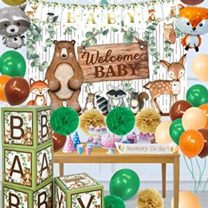 Woodland Animals Baby Shower Decorations- Gender Neutral Baby Shower Boxes Blocks Decorations with Welcome Baby Backdrop and Woodland Creatures Party Balloons Set