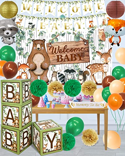 Woodland Animals Baby Shower Decorations- Gender Neutral Baby Shower Boxes Blocks Decorations with Welcome Baby Backdrop and Woodland Creatures Party Balloons Set