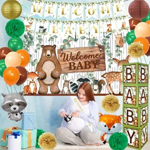 Woodland Animals Baby Shower Decorations- Gender Neutral Baby Shower Boxes Blocks Decorations with Welcome Baby Backdrop and Woodland Creatures Party Balloons Set