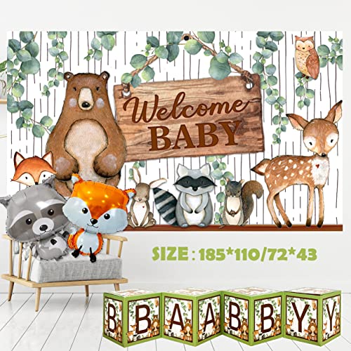 Woodland Animals Baby Shower Decorations- Gender Neutral Baby Shower Boxes Blocks Decorations with Welcome Baby Backdrop and Woodland Creatures Party Balloons Set