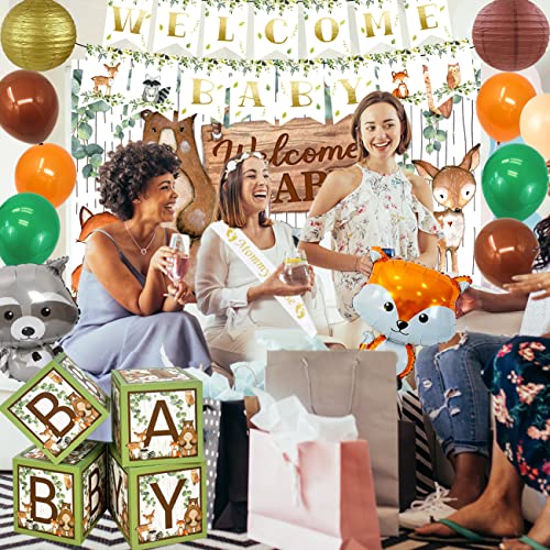 Woodland Animals Baby Shower Decorations- Gender Neutral Baby Shower Boxes Blocks Decorations with Welcome Baby Backdrop and Woodland Creatures Party Balloons Set