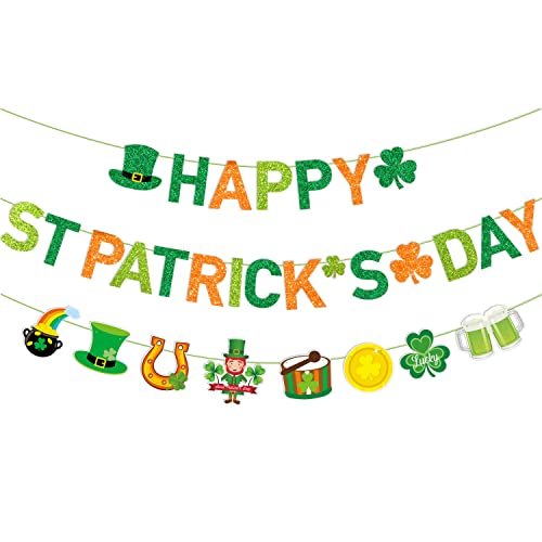 JKQ Glittery Happy St Patrick's Day Banner and Shamrock Rainbow Gold Coins Pot Horseshoe Leprechauns Patterns Banner Saint Patrick's Day Garland Banner Irish Lucky Day St. Patty's Day Party Decorations