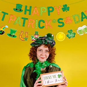 JKQ Glittery Happy St Patrick's Day Banner and Shamrock Rainbow Gold Coins Pot Horseshoe Leprechauns Patterns Banner Saint Patrick's Day Garland Banner Irish Lucky Day St. Patty's Day Party Decorations