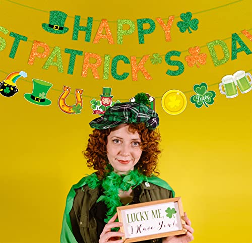 JKQ Glittery Happy St Patrick's Day Banner and Shamrock Rainbow Gold Coins Pot Horseshoe Leprechauns Patterns Banner Saint Patrick's Day Garland Banner Irish Lucky Day St. Patty's Day Party Decorations