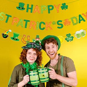 JKQ Glittery Happy St Patrick's Day Banner and Shamrock Rainbow Gold Coins Pot Horseshoe Leprechauns Patterns Banner Saint Patrick's Day Garland Banner Irish Lucky Day St. Patty's Day Party Decorations