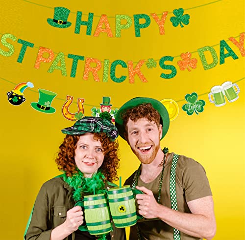 JKQ Glittery Happy St Patrick's Day Banner and Shamrock Rainbow Gold Coins Pot Horseshoe Leprechauns Patterns Banner Saint Patrick's Day Garland Banner Irish Lucky Day St. Patty's Day Party Decorations