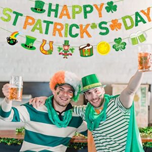 JKQ Glittery Happy St Patrick's Day Banner and Shamrock Rainbow Gold Coins Pot Horseshoe Leprechauns Patterns Banner Saint Patrick's Day Garland Banner Irish Lucky Day St. Patty's Day Party Decorations