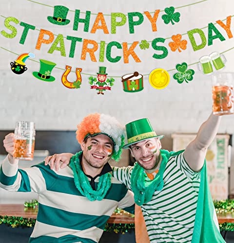 JKQ Glittery Happy St Patrick's Day Banner and Shamrock Rainbow Gold Coins Pot Horseshoe Leprechauns Patterns Banner Saint Patrick's Day Garland Banner Irish Lucky Day St. Patty's Day Party Decorations