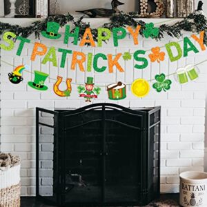 JKQ Glittery Happy St Patrick's Day Banner and Shamrock Rainbow Gold Coins Pot Horseshoe Leprechauns Patterns Banner Saint Patrick's Day Garland Banner Irish Lucky Day St. Patty's Day Party Decorations