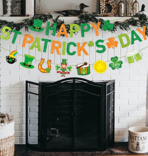 JKQ Glittery Happy St Patrick's Day Banner and Shamrock Rainbow Gold Coins Pot Horseshoe Leprechauns Patterns Banner Saint Patrick's Day Garland Banner Irish Lucky Day St. Patty's Day Party Decorations