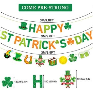 JKQ Glittery Happy St Patrick's Day Banner and Shamrock Rainbow Gold Coins Pot Horseshoe Leprechauns Patterns Banner Saint Patrick's Day Garland Banner Irish Lucky Day St. Patty's Day Party Decorations