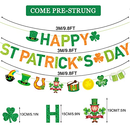 JKQ Glittery Happy St Patrick's Day Banner and Shamrock Rainbow Gold Coins Pot Horseshoe Leprechauns Patterns Banner Saint Patrick's Day Garland Banner Irish Lucky Day St. Patty's Day Party Decorations