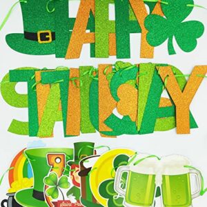 JKQ Glittery Happy St Patrick's Day Banner and Shamrock Rainbow Gold Coins Pot Horseshoe Leprechauns Patterns Banner Saint Patrick's Day Garland Banner Irish Lucky Day St. Patty's Day Party Decorations