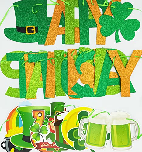 JKQ Glittery Happy St Patrick's Day Banner and Shamrock Rainbow Gold Coins Pot Horseshoe Leprechauns Patterns Banner Saint Patrick's Day Garland Banner Irish Lucky Day St. Patty's Day Party Decorations