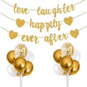 15pcs love laughter and happily ever after banner gold- wedding shower decorations, bridal shower decorations, bachelorette, bridal & engagement party decorations (pre-strung signs)