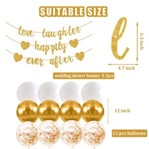 15Pcs Love Laughter and Happily Ever After Banner Gold- Wedding Shower Decorations, Bridal Shower Decorations, Bachelorette, Bridal & Engagement Party Decorations (Pre-Strung Signs)