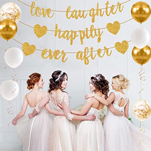 15Pcs Love Laughter and Happily Ever After Banner Gold- Wedding Shower Decorations, Bridal Shower Decorations, Bachelorette, Bridal & Engagement Party Decorations (Pre-Strung Signs)