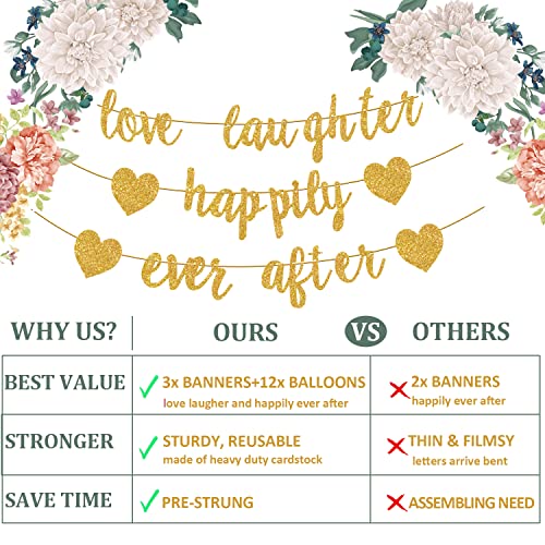 15Pcs Love Laughter and Happily Ever After Banner Gold- Wedding Shower Decorations, Bridal Shower Decorations, Bachelorette, Bridal & Engagement Party Decorations (Pre-Strung Signs)