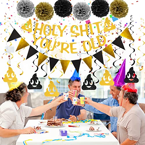 Holy Shit You're Old Banner Decorations Kit - 20Pcs - Gold Funny Adult Birthday Party Decor Sign for 30th-40th-50h-60th-70th-80th-90th Birthday - Including Holy Shit You're Old Banner, Triangle Flag, 12Pcs Swirl, 6Pcs Poms