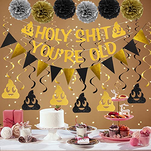 Holy Shit You're Old Banner Decorations Kit - 20Pcs - Gold Funny Adult Birthday Party Decor Sign for 30th-40th-50h-60th-70th-80th-90th Birthday - Including Holy Shit You're Old Banner, Triangle Flag, 12Pcs Swirl, 6Pcs Poms