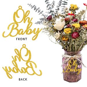 CINPIUK 20PCS Oh Baby Mason Jar Tags Baby Shower Centerpieces Gender Reveal Glitter Gold Decorations, Oh Baby Cutouts Bonus 10 Yards Burlap String