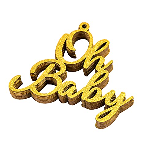 CINPIUK 20PCS Oh Baby Mason Jar Tags Baby Shower Centerpieces Gender Reveal Glitter Gold Decorations, Oh Baby Cutouts Bonus 10 Yards Burlap String