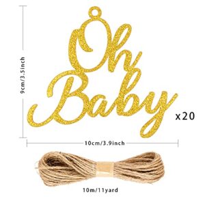 CINPIUK 20PCS Oh Baby Mason Jar Tags Baby Shower Centerpieces Gender Reveal Glitter Gold Decorations, Oh Baby Cutouts Bonus 10 Yards Burlap String