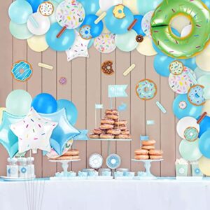 Levfla Blue Donut Balloons Garland Boy Pastel Green Decoration Kits Sprinkles Confetti Doughnut Backdrop with Cutouts Kids Birthday Party Balloons Arch Photo Props Favor Ideas Supplies