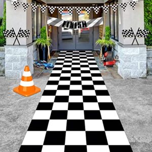 2 pack racing theme party floor decor black and white checkered flag aisle runners 24in x 10ft race car party decorations floor runners for racing theme birthday party table cover supplies