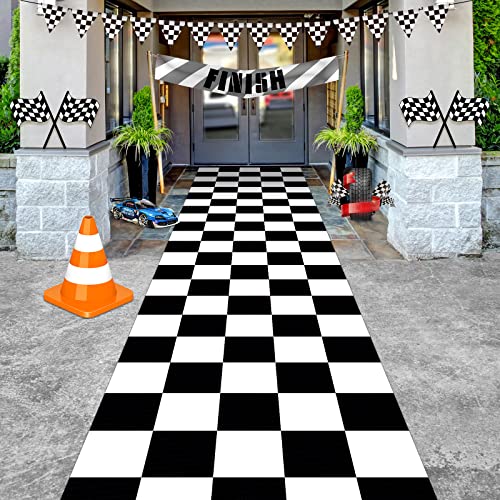 2 Pack Racing Theme Party Floor Decor Black and White Checkered Flag Aisle Runners 24in x 10ft Race Car Party Decorations Floor Runners for Racing Theme Birthday Party Table Cover Supplies