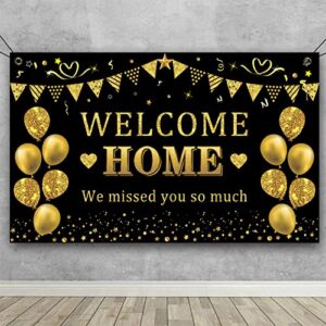 trgowaul welcome home banner decorations, black gold welcome home backdrop, we missed you so much party decor, family reunion patriotic military homecoming returning party supplies