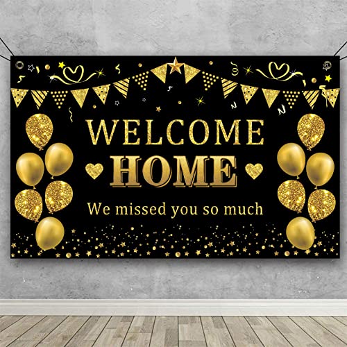 Trgowaul Welcome Home Banner Decorations, Black Gold Welcome Home Backdrop, We Missed You So Much Party Decor, Family Reunion Patriotic Military Homecoming Returning Party Supplies