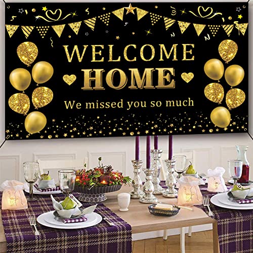 Trgowaul Welcome Home Banner Decorations, Black Gold Welcome Home Backdrop, We Missed You So Much Party Decor, Family Reunion Patriotic Military Homecoming Returning Party Supplies