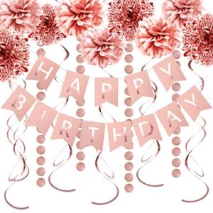 rose gold birthday party decorations set – rose gold glittery happy birthday banner, foil swirls,tissue paper pom poms, circle dots garland for birthday party decorations,girls birthday