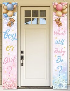 gender reveal decoration-baby bear boy or girl porch sign banner,pink blue bear balloon baby shower door hanging banner for boy girl gender reveal supplies